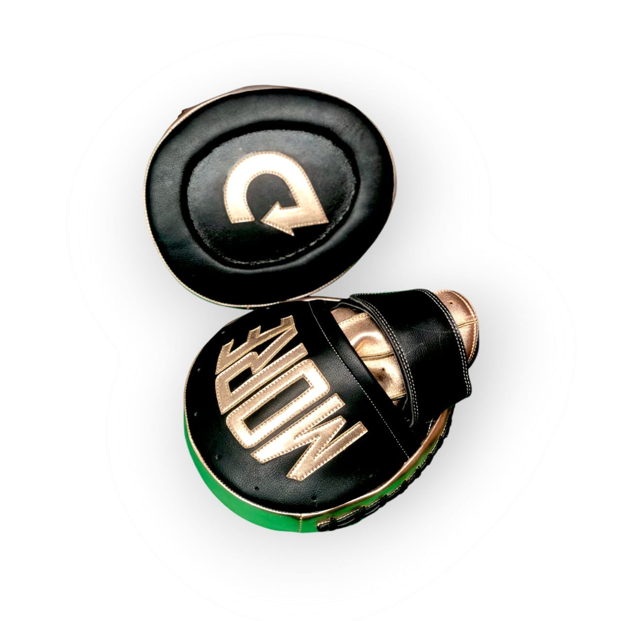 Black and gold boxing gloves with a brand logo on a white background