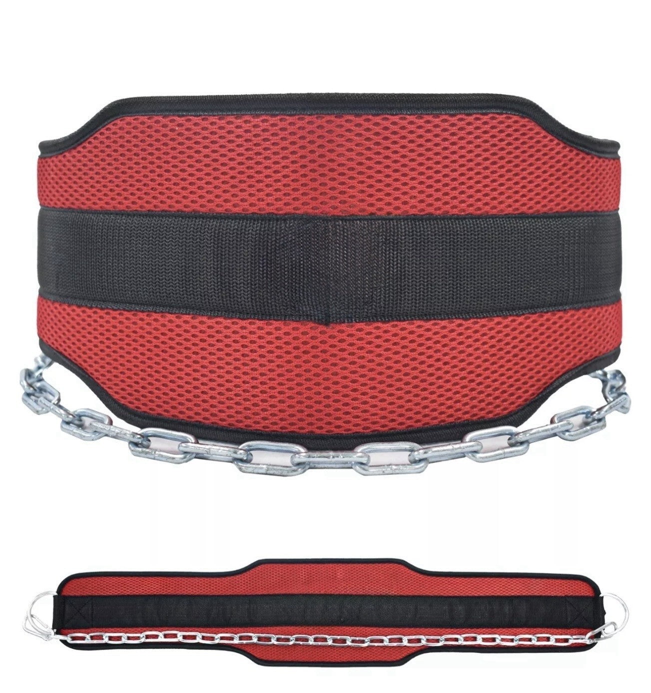 The Best Heavy Duty Dipping Belt features a 15 cm padded back and a sturdy 92 cm chain, shown from the front and laid flat in red and black—ideal for powerlifters seeking extra resistance during dips.