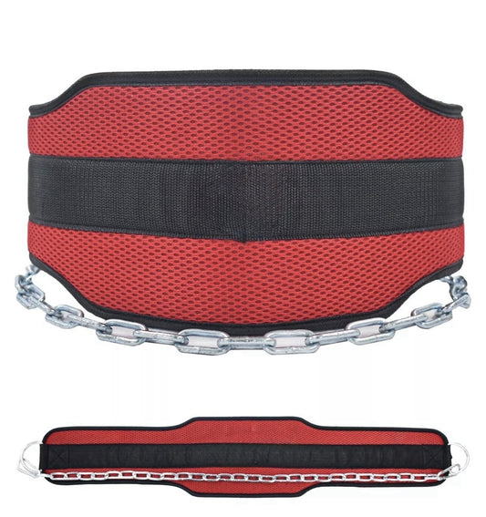The Best Heavy Duty Dipping Belt features a 15 cm padded back and a sturdy 92 cm chain, shown from the front and laid flat in red and black—ideal for powerlifters seeking extra resistance during dips.